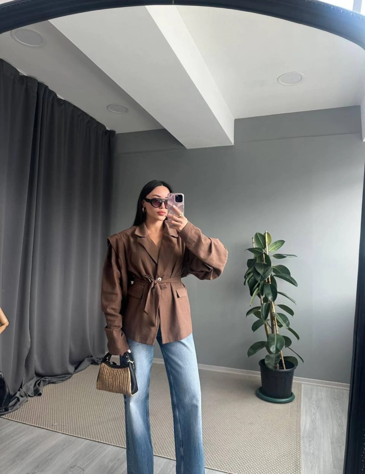 Chocolate brown linen blazer w/belt