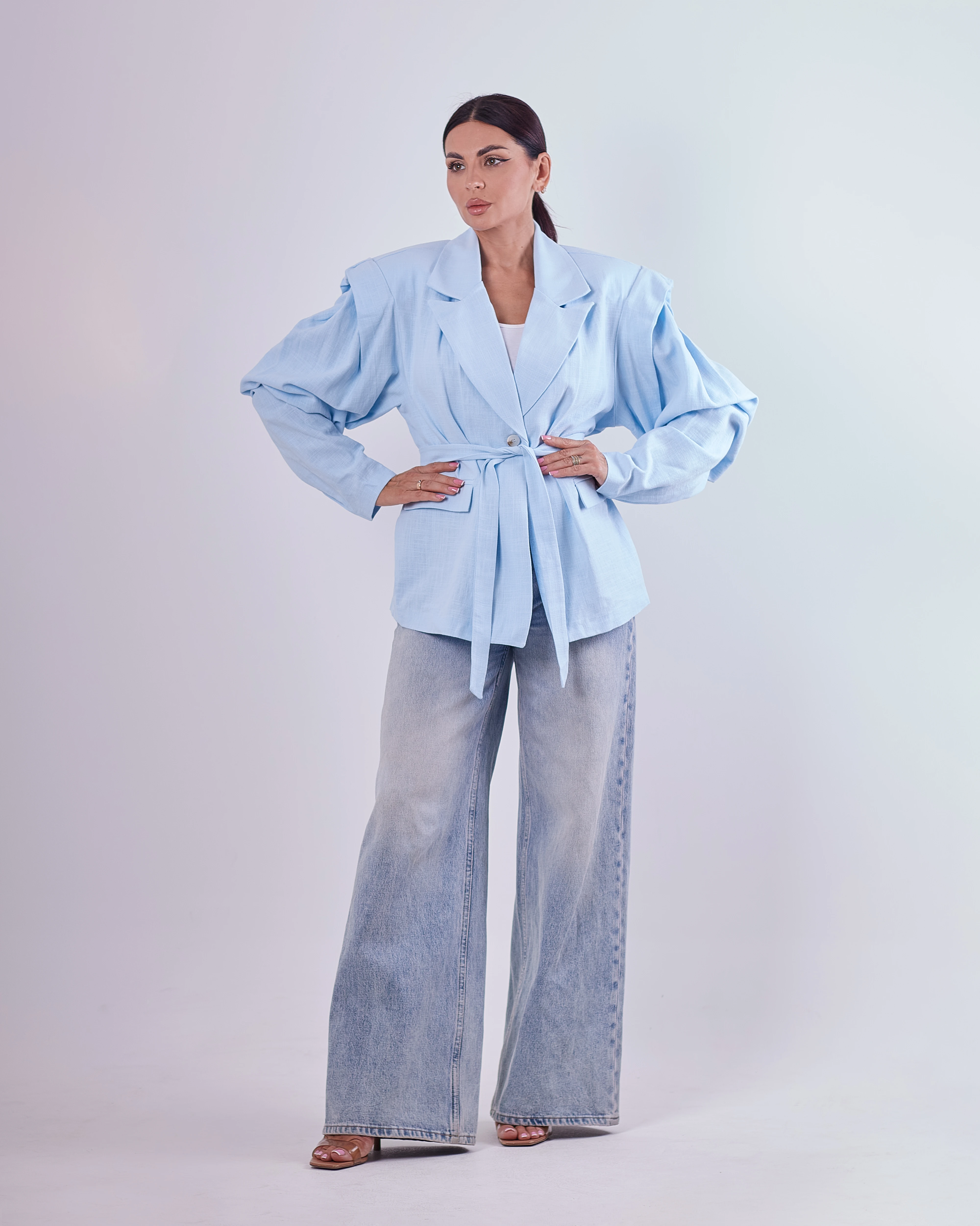 Baby blue linen blazer w/ belt