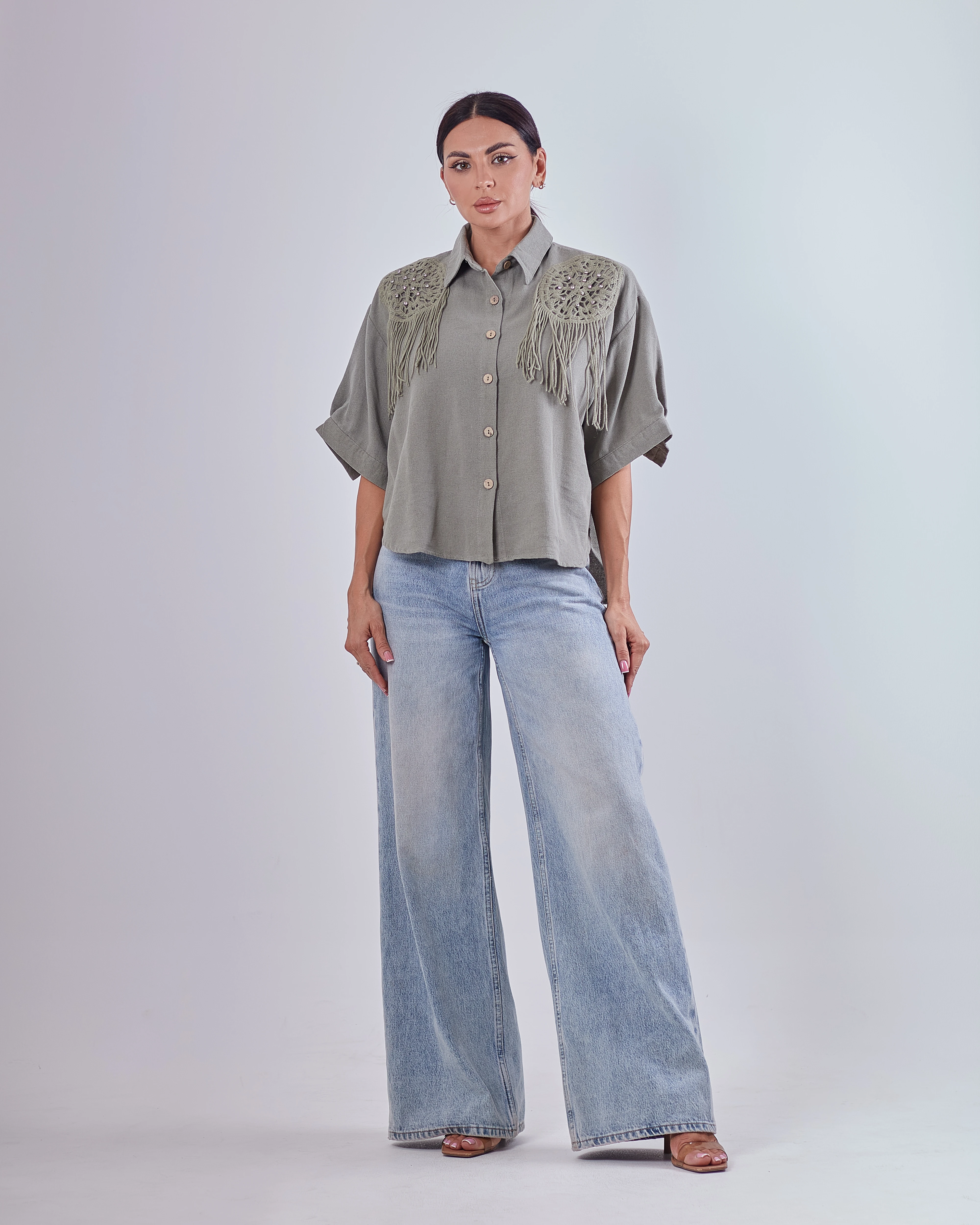 Sea green blouse w/crystal stone design